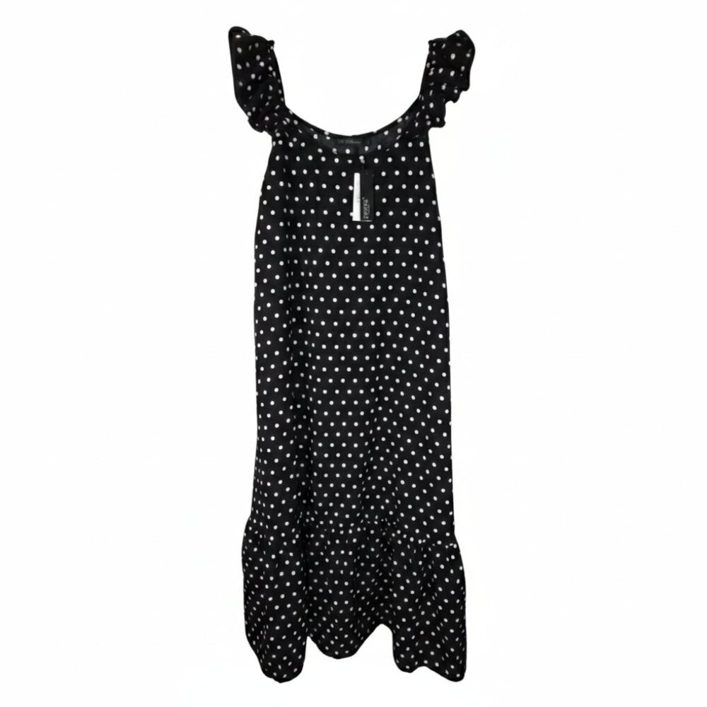 NWT | ZANZEA Black & White Polka Dot Midi Dress | Ruffle Shoulder | Size XL